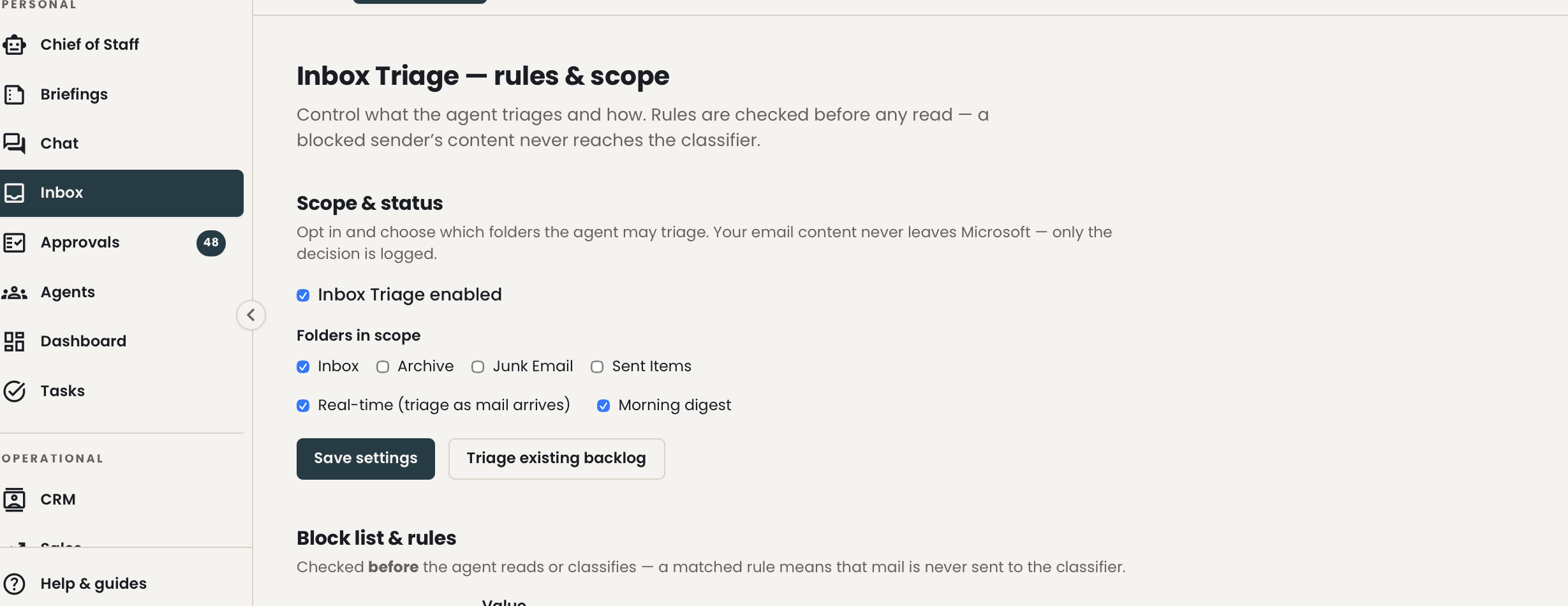 HelmOS inbox triage permissions and safety controls